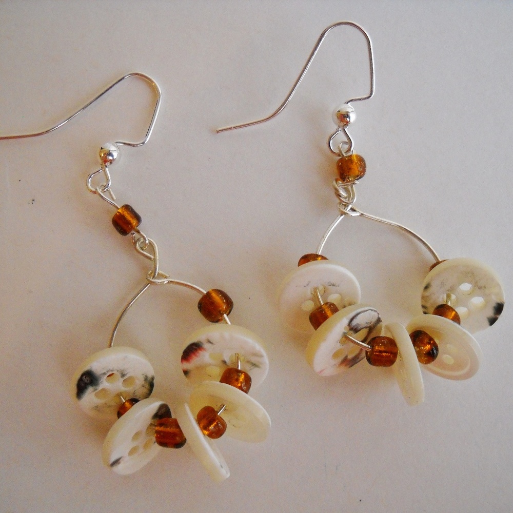 Hoop Button Amber Beaded Earrings White Gold Silver Metal Handmade Pierced OOAK